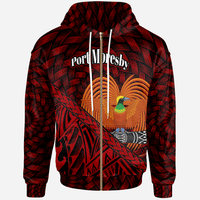 Papua New Guinea Zip Hoodie Port Moresby Polynesian Patterns With Bamboo Unisex Red - Polynesian Pride