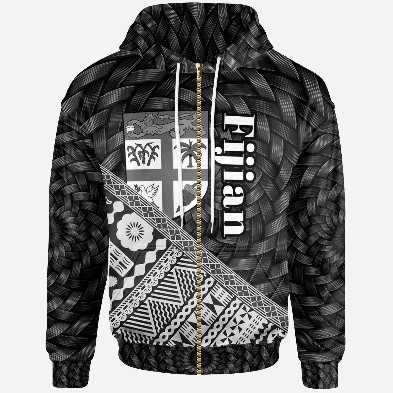 Fiji Zip Hoodie Black Tapa Patterns With Bamboo Unisex Black - Polynesian Pride