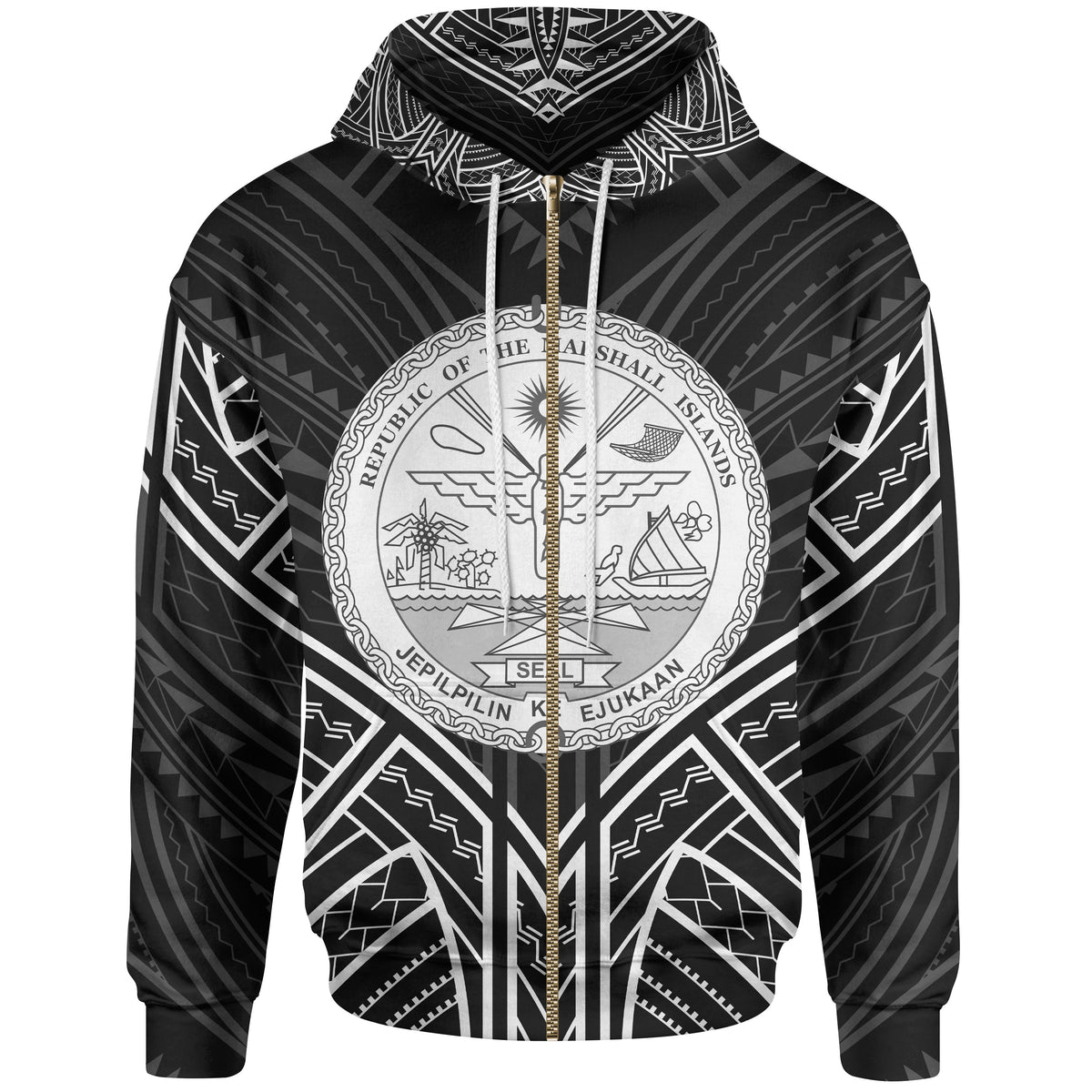 Marshall Islands Zip Hoodie Marshall Islands Seal Black Tribal Patterns Unisex White - Polynesian Pride