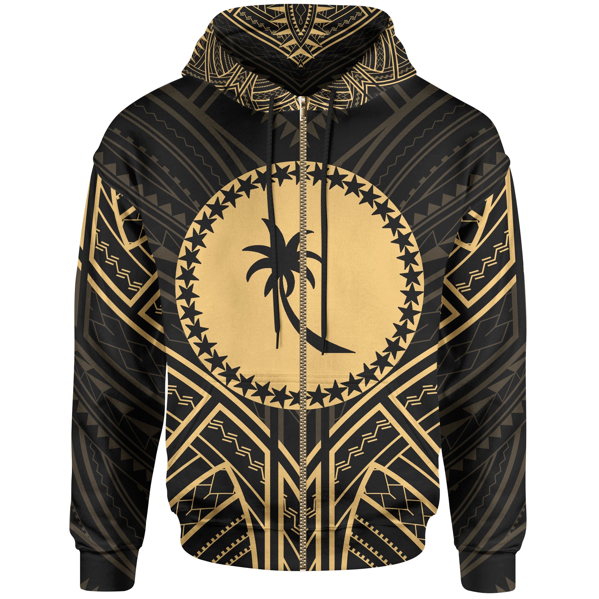 Chuuk State Zip Hoodie Chuuk State Seal Gold Tribal Patterns Unisex Black - Polynesian Pride