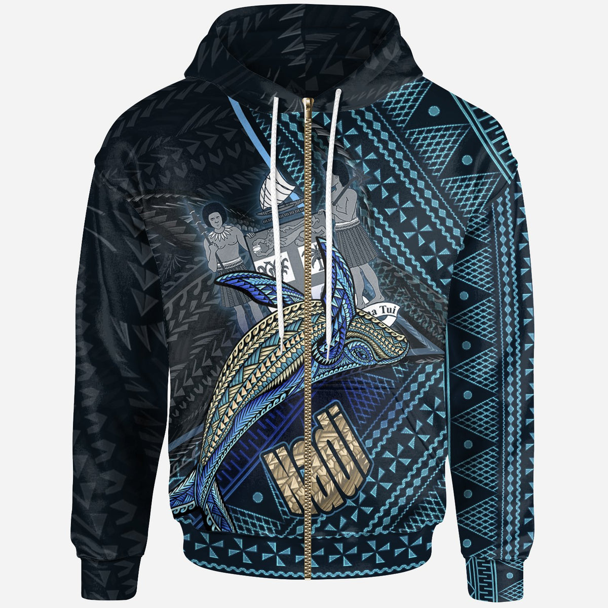 Fiji Zip Hoodie Nadi Seal Fiji With Blue Whale Unisex Black - Polynesian Pride
