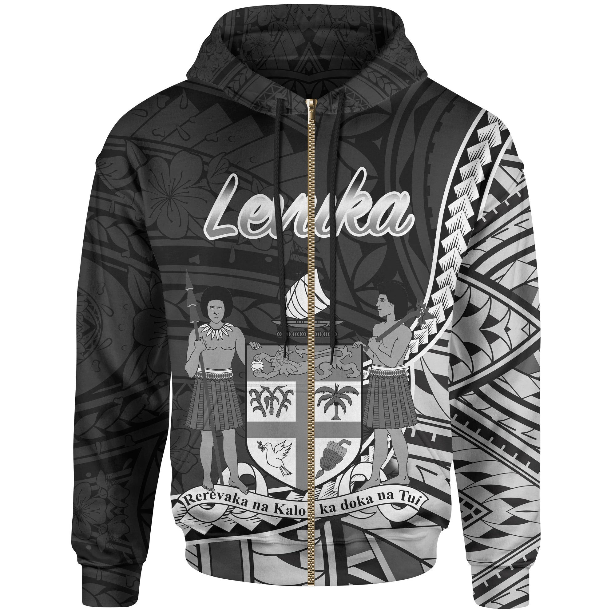 Fiji Zip Hoodie Levuka Seal of Fiji Polynesian Patterns Unisex Black - Polynesian Pride