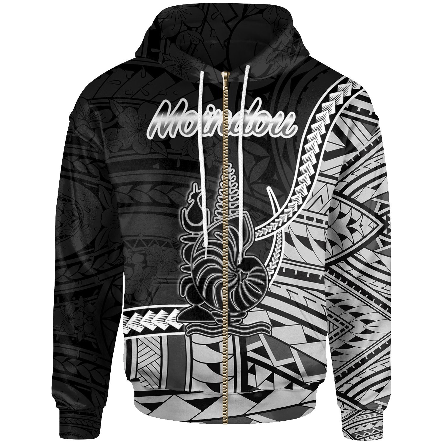 New Caledonia Islands Zip Hoodie Moindou Seal of New Caledonia Polynesian Patterns Unisex Black - Polynesian Pride