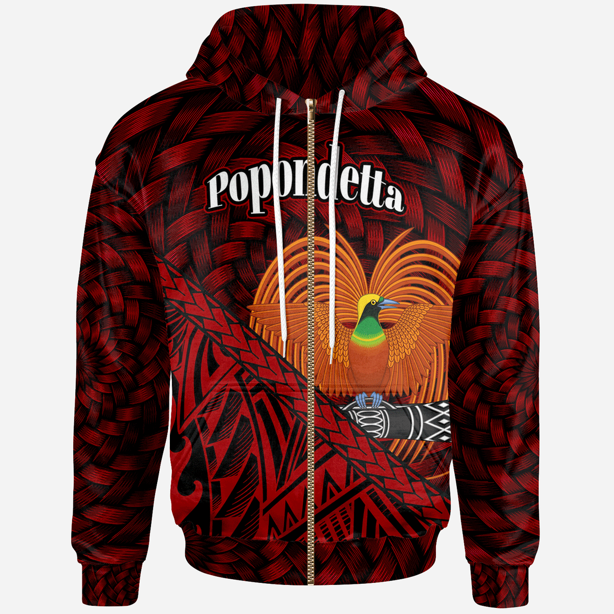 Papua New Guinea Zip Hoodie Popondetta Polynesian Patterns With Bamboo Unisex Red - Polynesian Pride