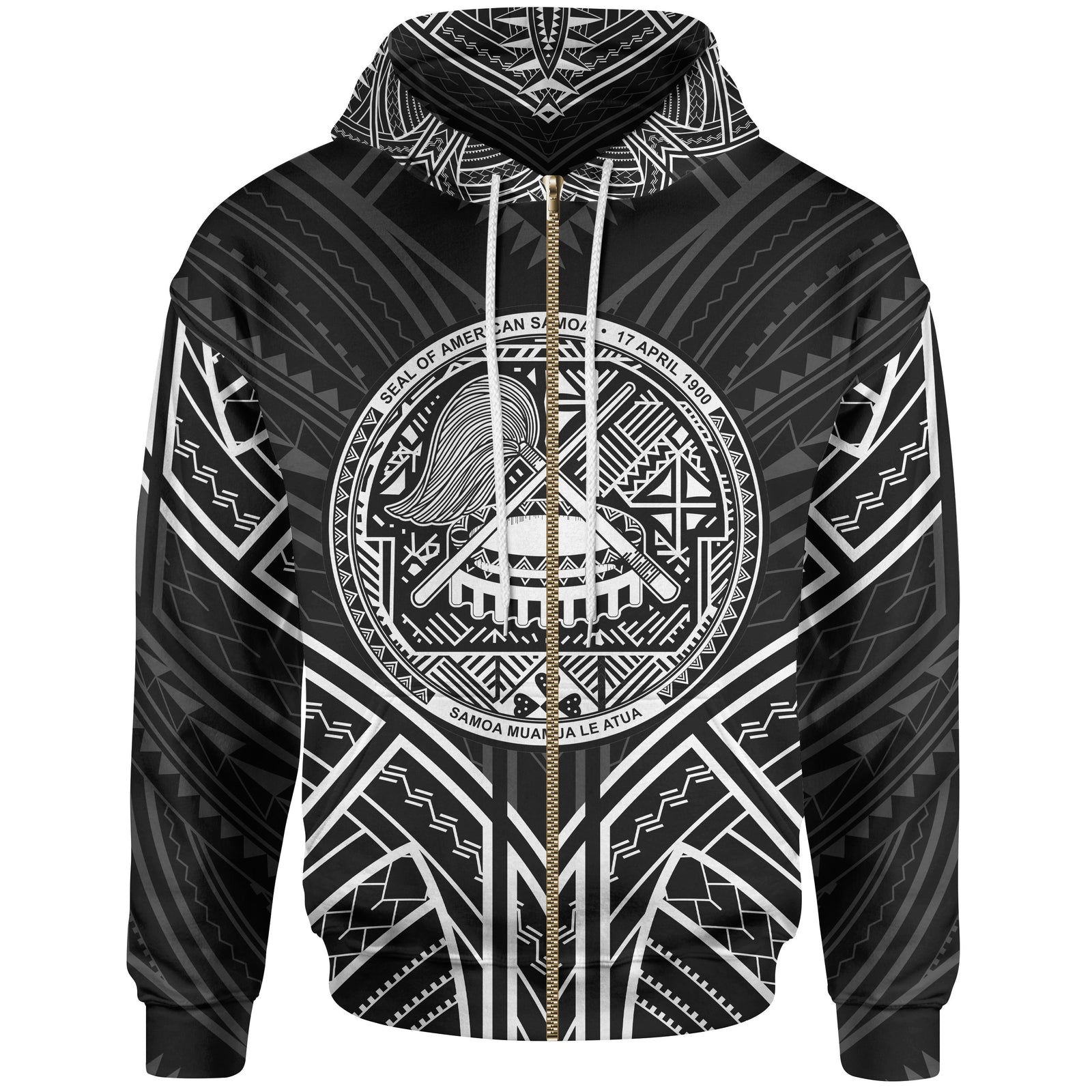 American Samoa Zip Hoodie American Samoa Seal Black Tribal Patterns Unisex Black - Polynesian Pride