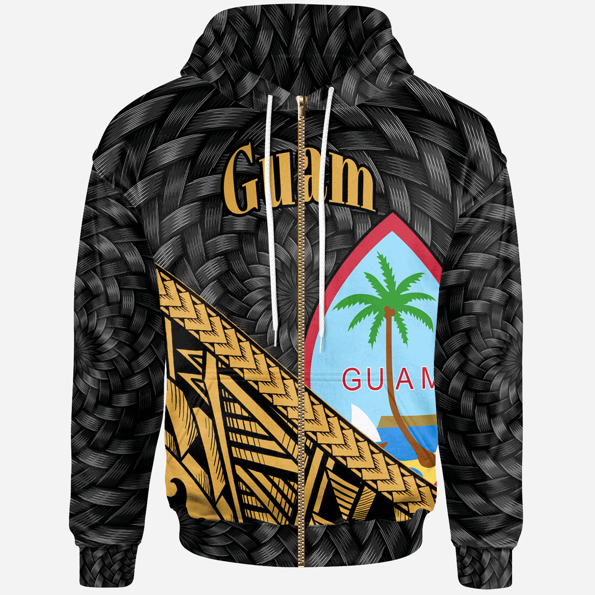 Guam Zip Hoodie Gold Tapa Patterns With Bamboo Unisex Black - Polynesian Pride