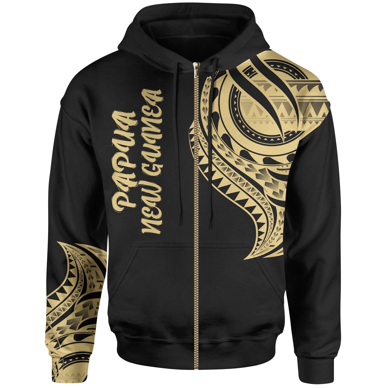 Papua New Guinea Zip Hoodie Papua New Guinea Tatau Gold Patterns Unisex Black - Polynesian Pride