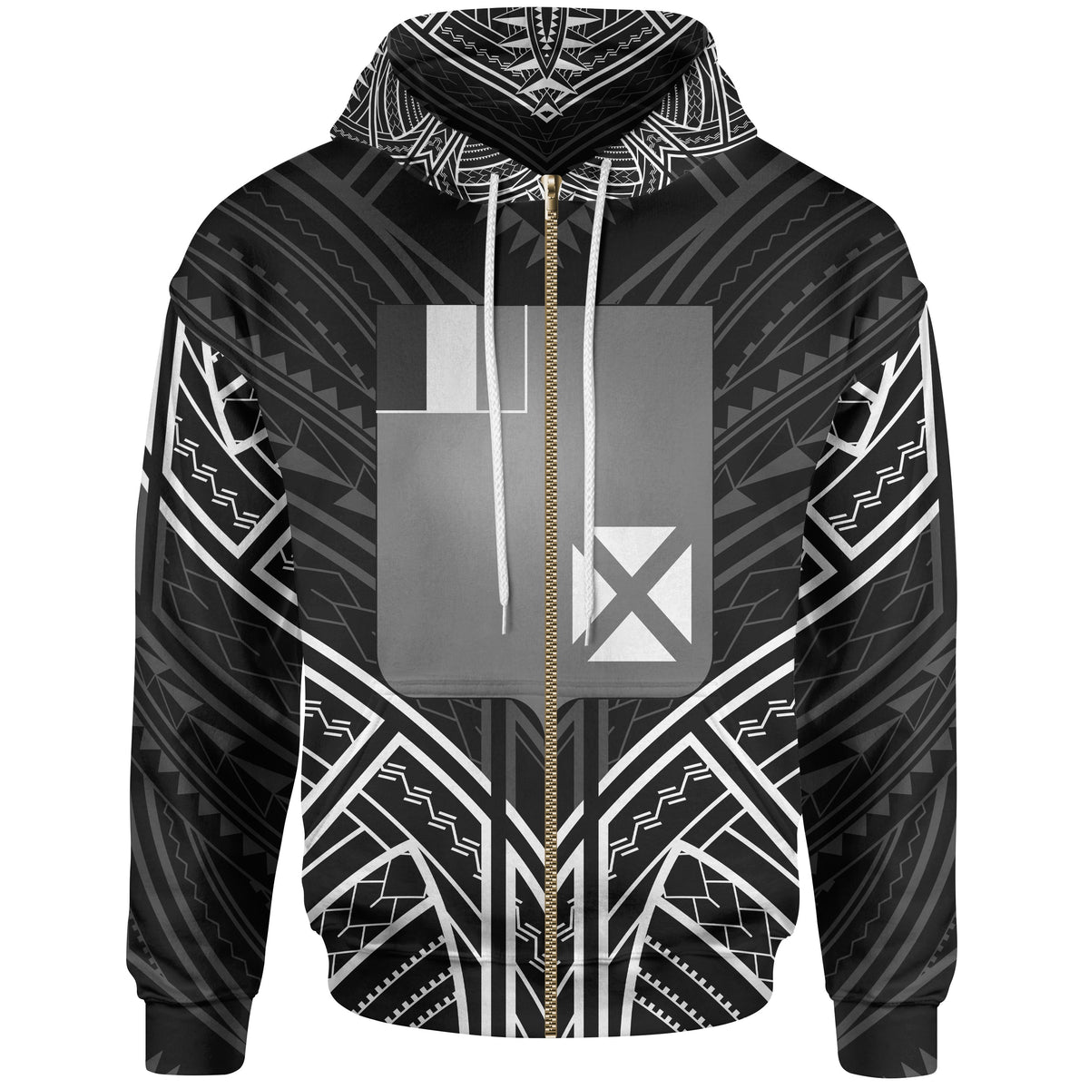 Wallis & Futuna Zip Hoodie Wallis & Futuna Seal Black Tribal Patterns Unisex White - Polynesian Pride