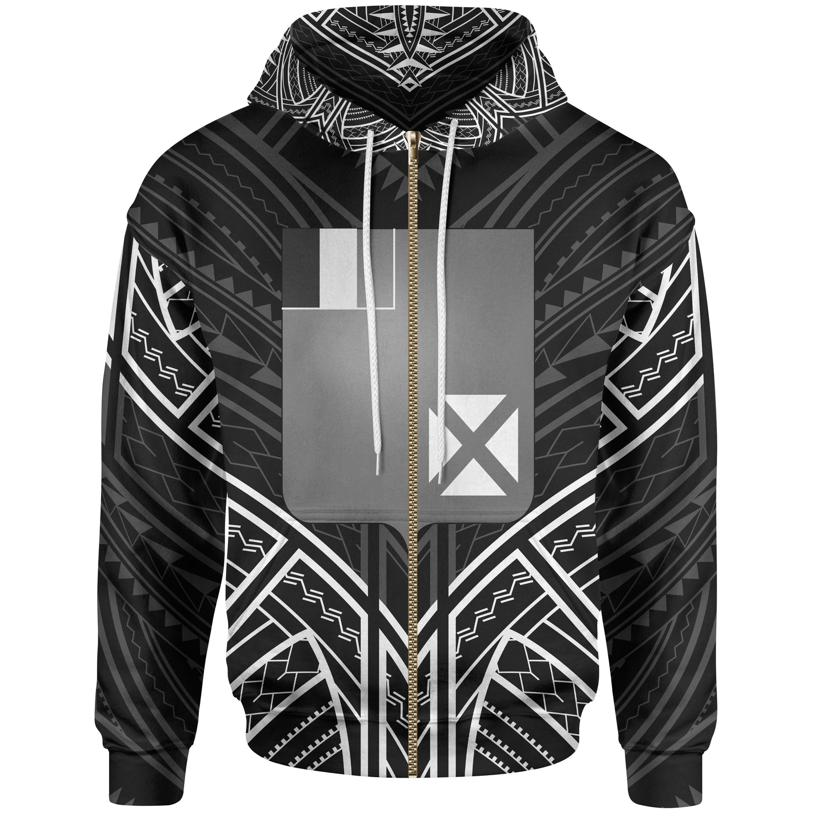 Wallis & Futuna Zip Hoodie Wallis & Futuna Seal Black Tribal Patterns Unisex White - Polynesian Pride