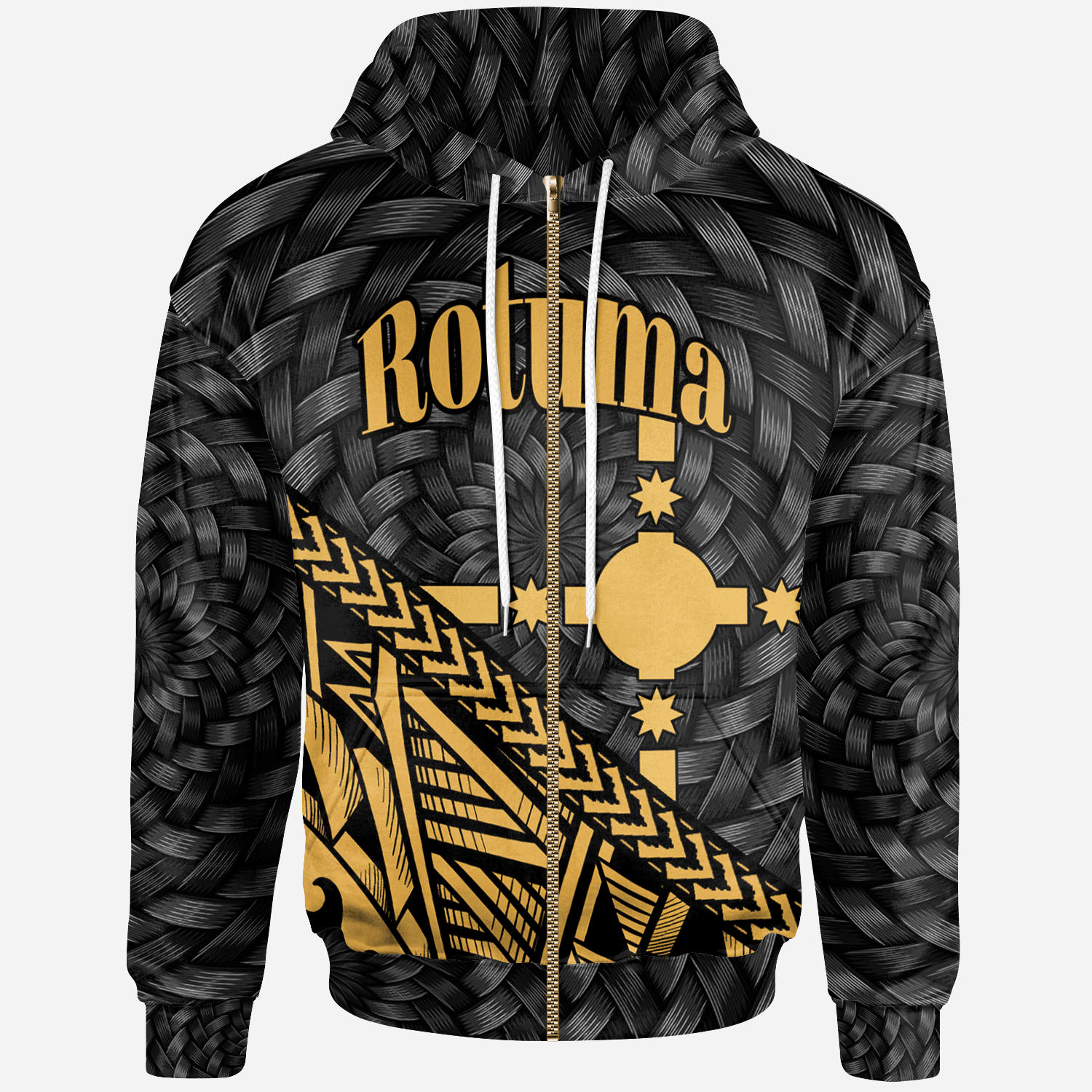 Rotuma Zip Hoodie Gold Tapa Patterns With Bamboo Unisex Gold - Polynesian Pride