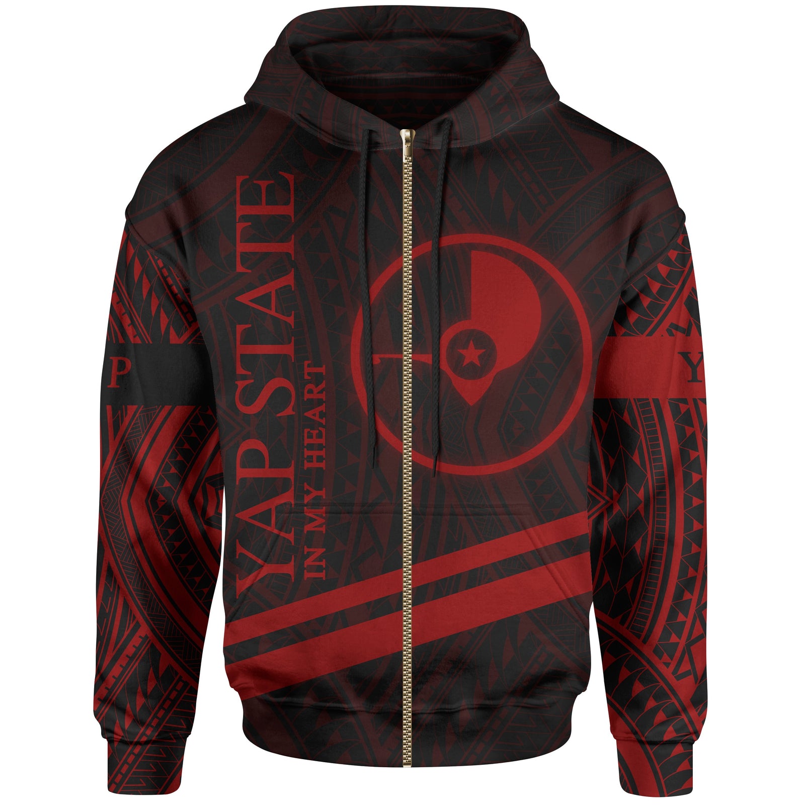 Yap State Zip Hoodie In My Heart Style Red Polynesian Patterns Unisex Black - Polynesian Pride