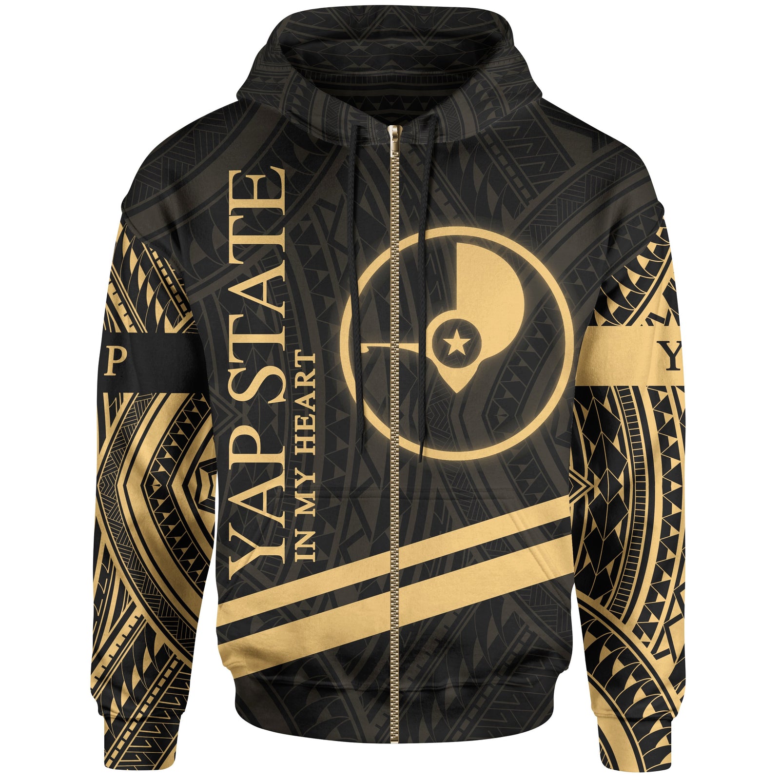 Yap State Zip Hoodie In My Heart Style Gold Polynesian Patterns Unisex Black - Polynesian Pride