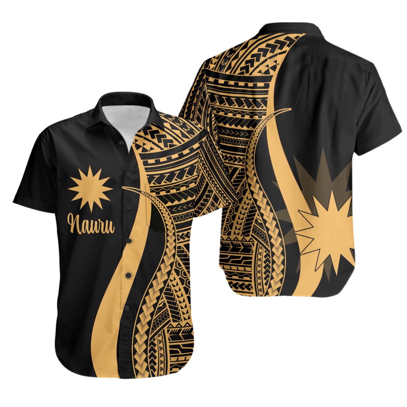 Nauru Short Sleeve Shirts - Gold Polynesian Tentacle Tribal Pattern Unisex Gold - Polynesian Pride