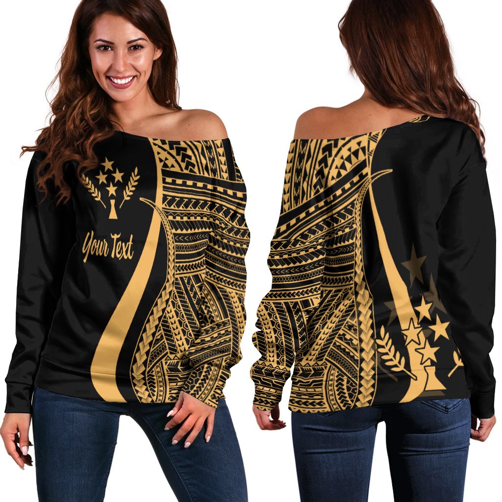 Kosrae Custom Personalised Women's Off Shoulder Sweater - Gold Polynesian Tentacle Tribal Pattern Gold - Polynesian Pride