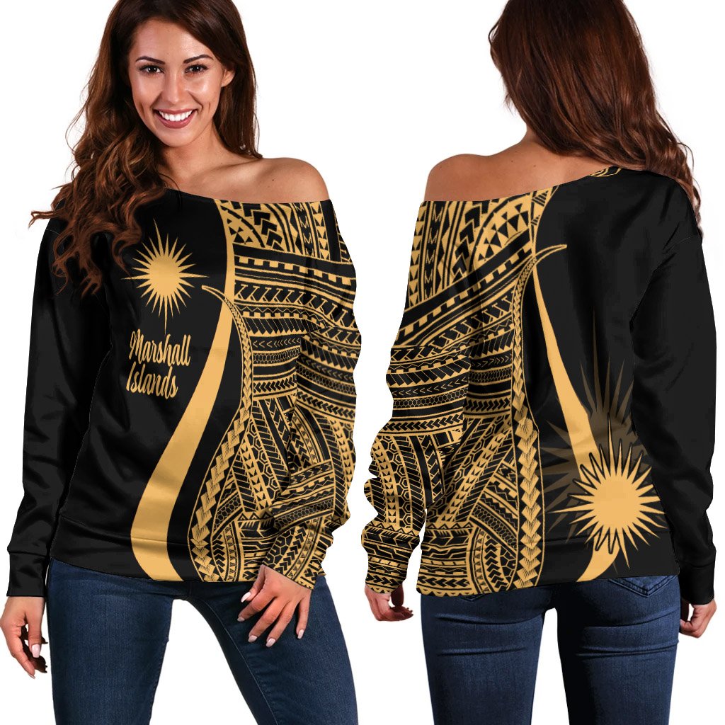Marshall Islands Women's Off Shoulder Sweater - Gold Polynesian Tentacle Tribal Pattern Gold - Polynesian Pride