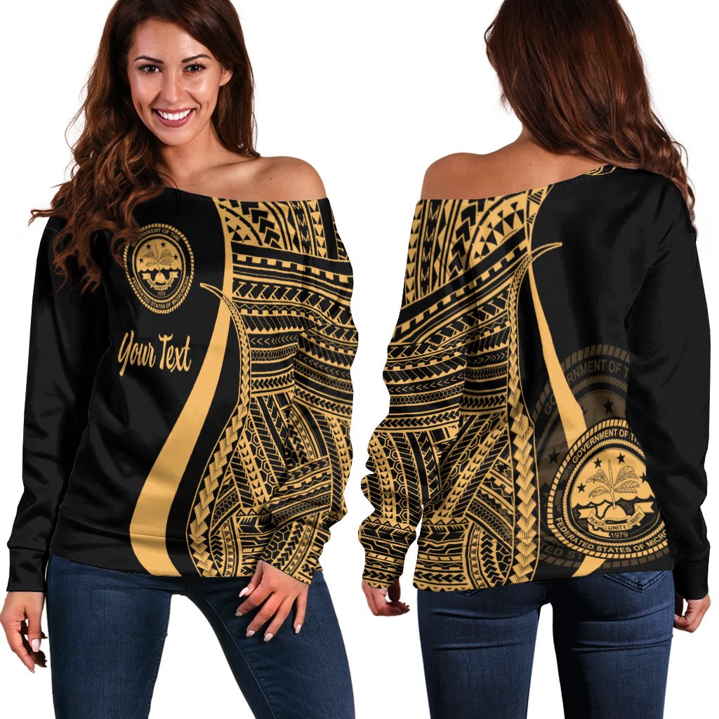 Federated States of Micronesia Custom Personalised Women's Off Shoulder Sweater - Gold Polynesian Tentacle Tribal Pattern Gold - Polynesian Pride