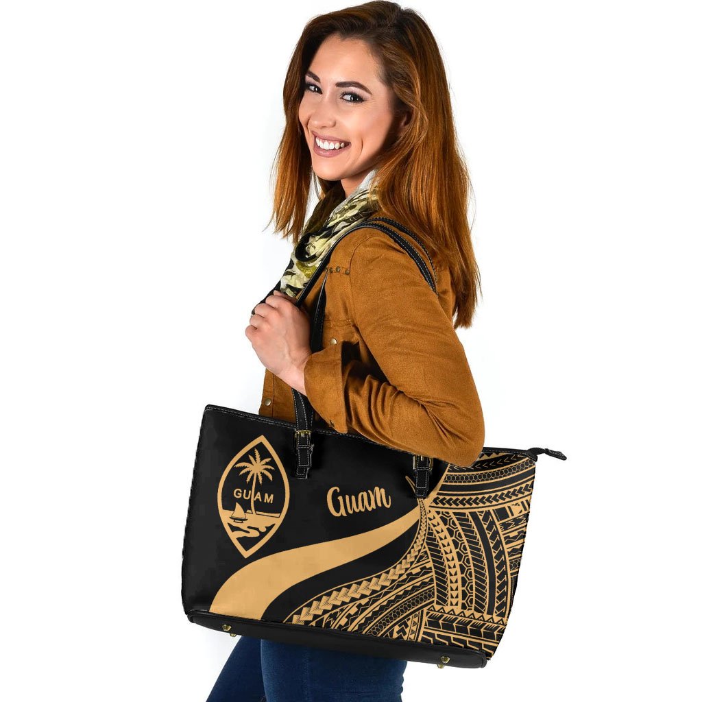 Guam Large Leather Tote Bag - Gold Polynesian Tentacle Tribal Pattern Gold - Polynesian Pride