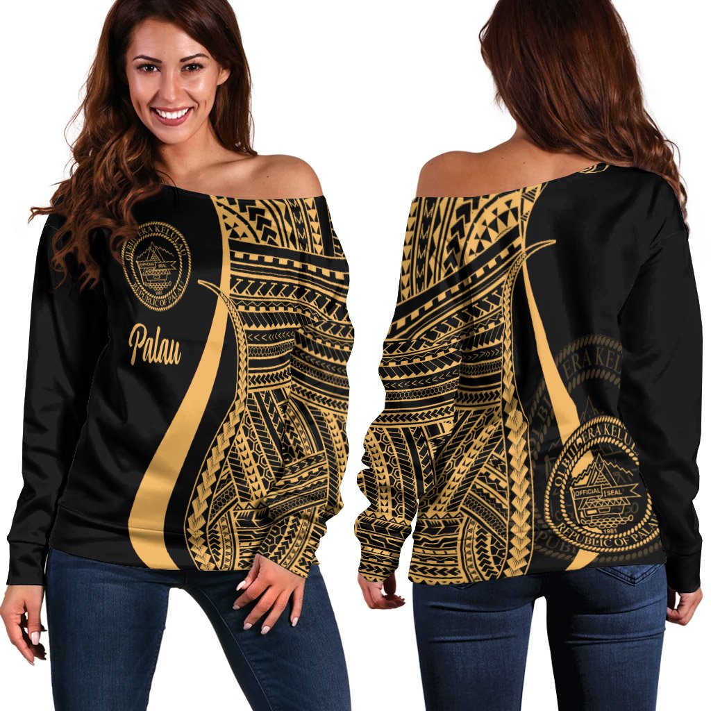 Palau Women's Off Shoulder Sweater - Gold Polynesian Tentacle Tribal Pattern Crest Gold - Polynesian Pride