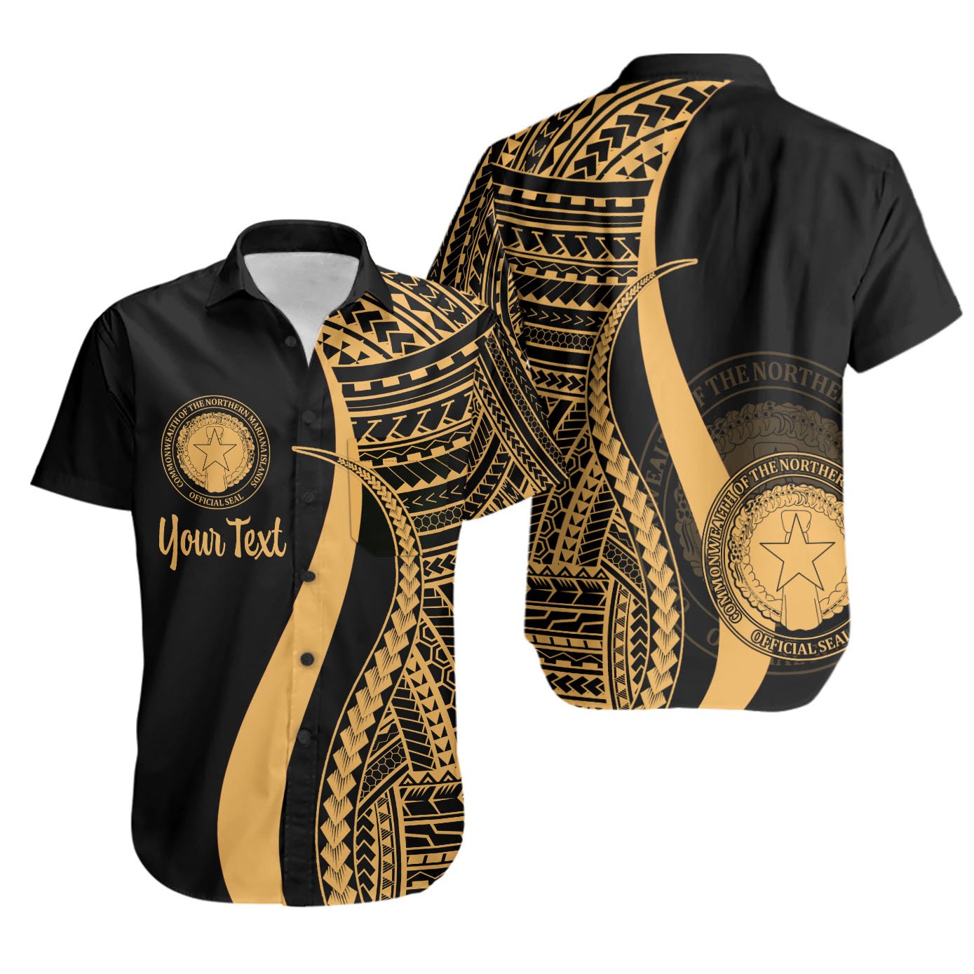 Northern Mariana Islands Custom Personalised Short Sleeve Shirts - Gold Polynesian Tentacle Tribal Pattern Unisex Gold - Polynesian Pride