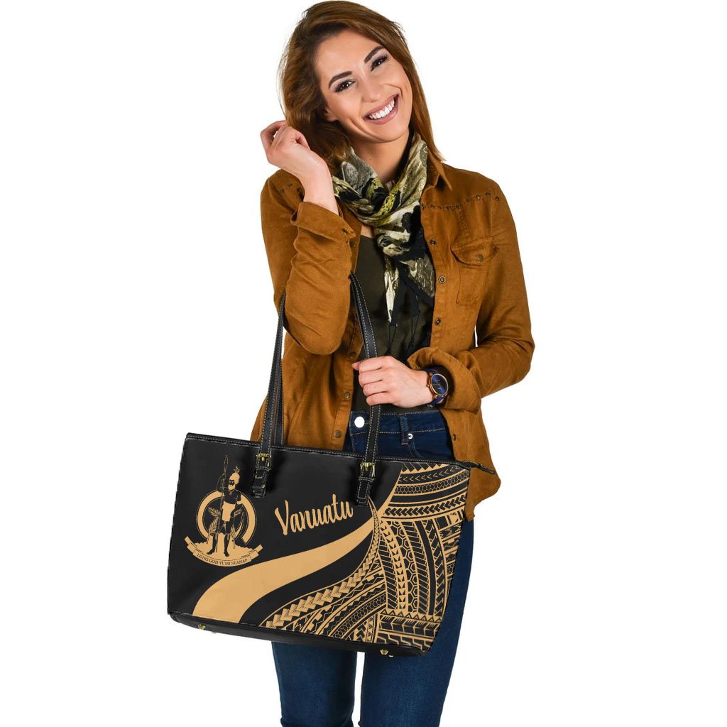 Vanuatu Large Leather Tote Bag - Gold Polynesian Tentacle Tribal Pattern - Polynesian Pride