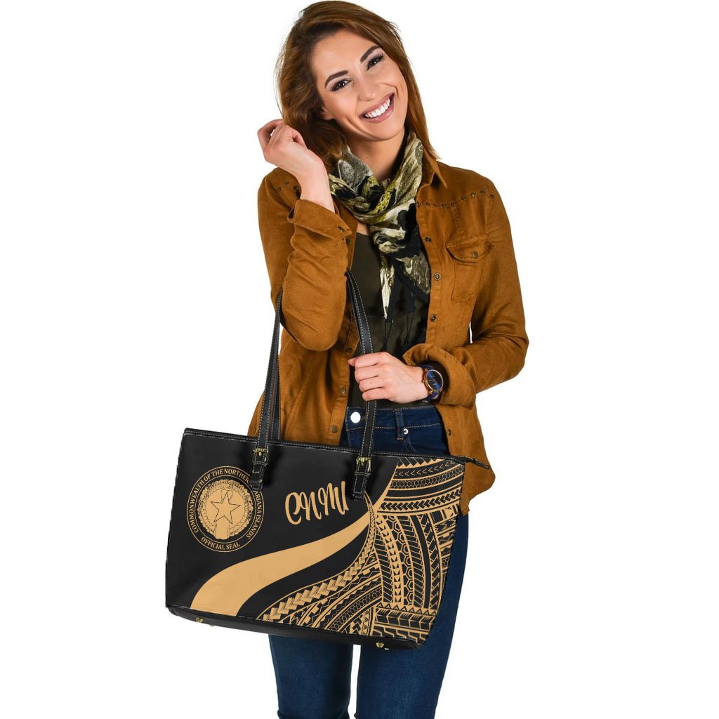 Northern Mariana Islands Large Leather Tote Bag - Gold Polynesian Tentacle Tribal Pattern - Polynesian Pride