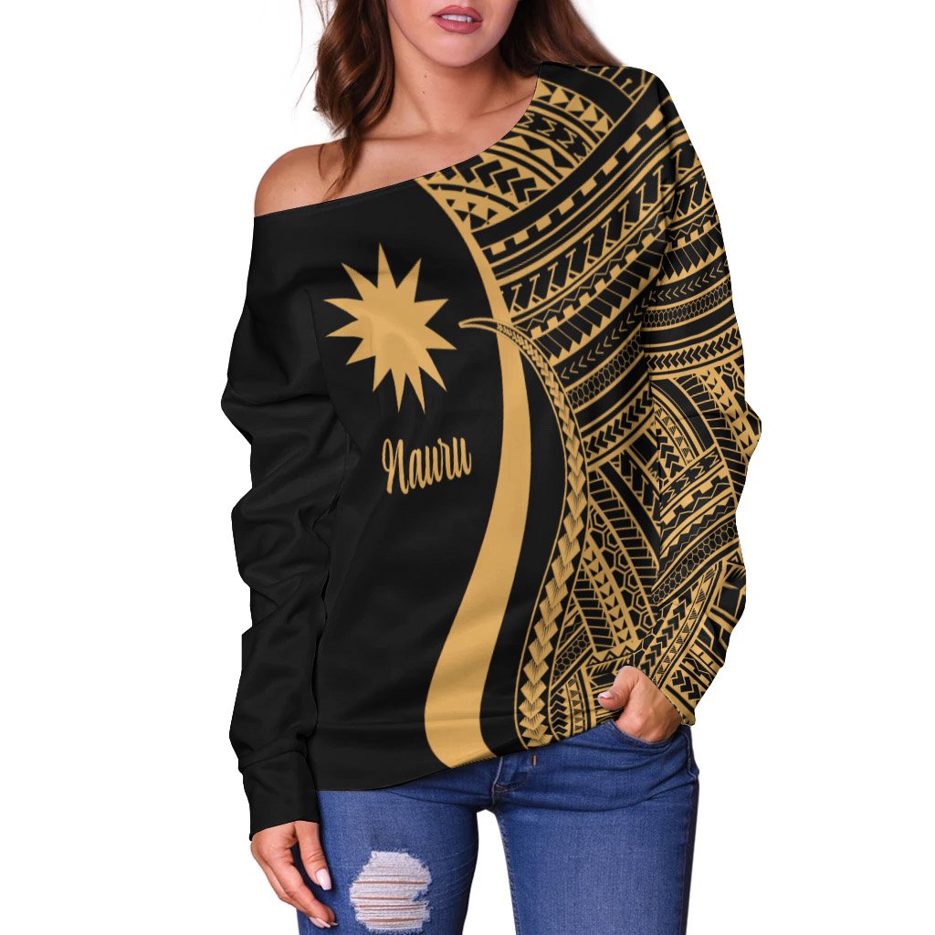 Nauru Women's Off Shoulder Sweater - Gold Polynesian Tentacle Tribal Pattern - Polynesian Pride
