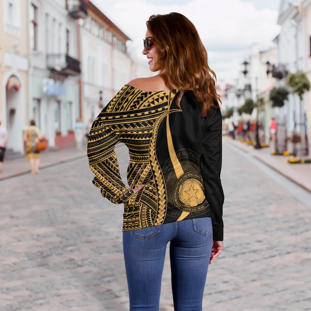 Northern Mariana Islands Custom Personalised Women's Off Shoulder Sweater - Gold Polynesian Tentacle Tribal Pattern - Polynesian Pride