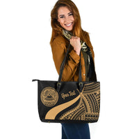 American Samoa Custom Personalised Large Leather Tote Bag - Gold Polynesian Tentacle Tribal Pattern - Polynesian Pride