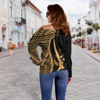 Kosrae Women's Off Shoulder Sweater - Gold Polynesian Tentacle Tribal Pattern - Polynesian Pride