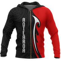 Aotearoa Silver Fern Maori Zip Hoodie Zip Hoodie Red - Black - Polynesian Pride