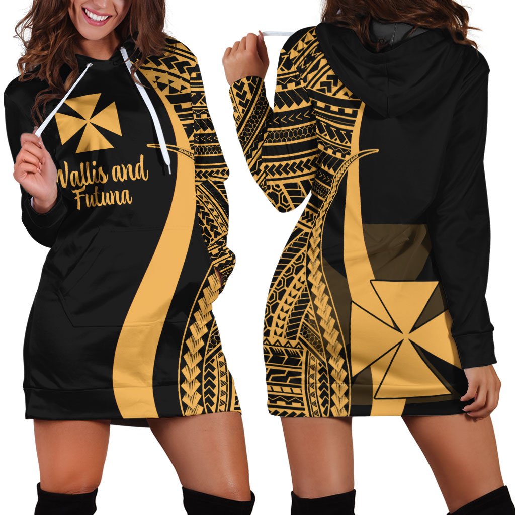 Wallis and Futuna Women's Hoodie Dress - Gold Polynesian Tentacle Tribal Pattern Gold - Polynesian Pride