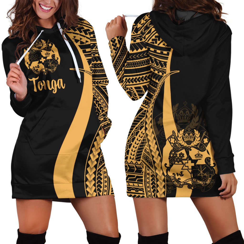 Tonga Women's Hoodie Dress - Gold Polynesian Tentacle Tribal Pattern Gold - Polynesian Pride