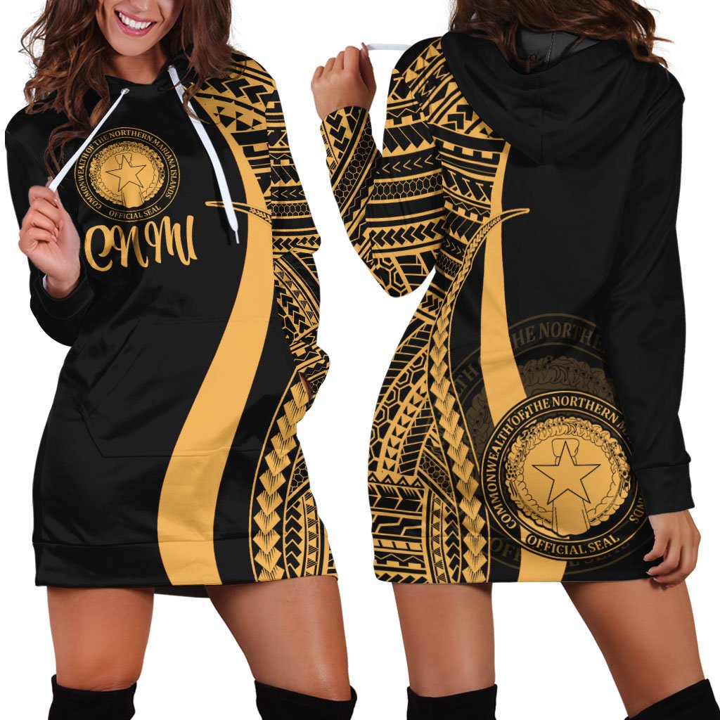 Northern Mariana Islands Women's Hoodie Dress - Gold Polynesian Tentacle Tribal Pattern Gold - Polynesian Pride