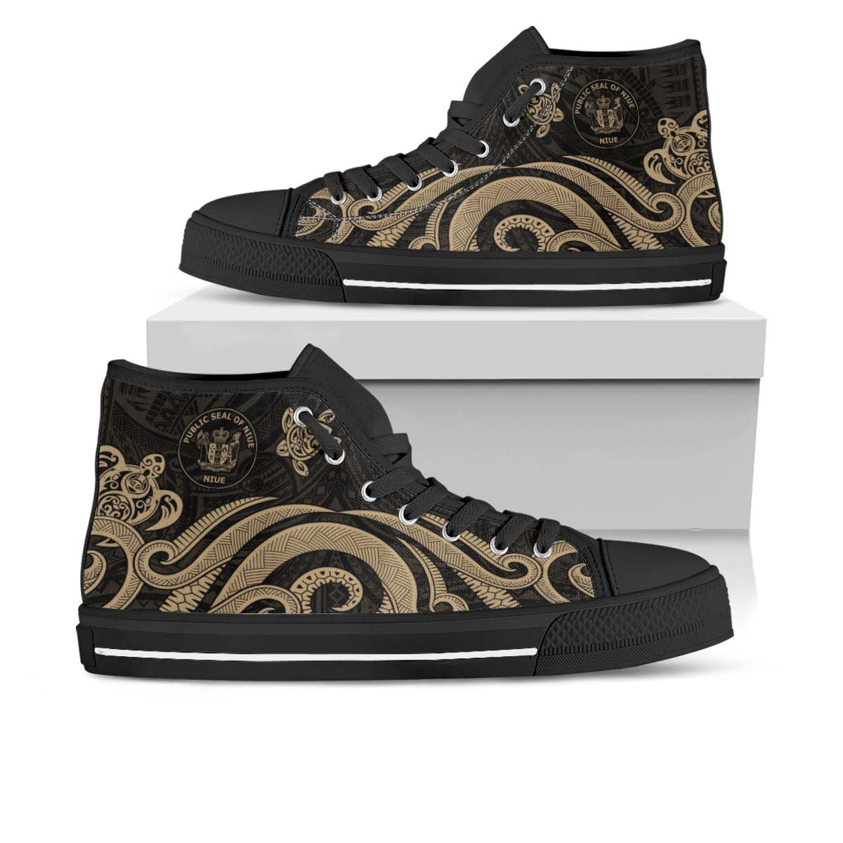 Niue High Top Shoes - Gold Tentacle Turtle Unisex Black - Polynesian Pride