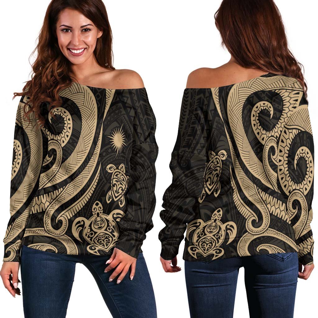 Marshall Islands Women's Off Shoulder Sweater - Gold Tentacle Turtle Gold - Polynesian Pride