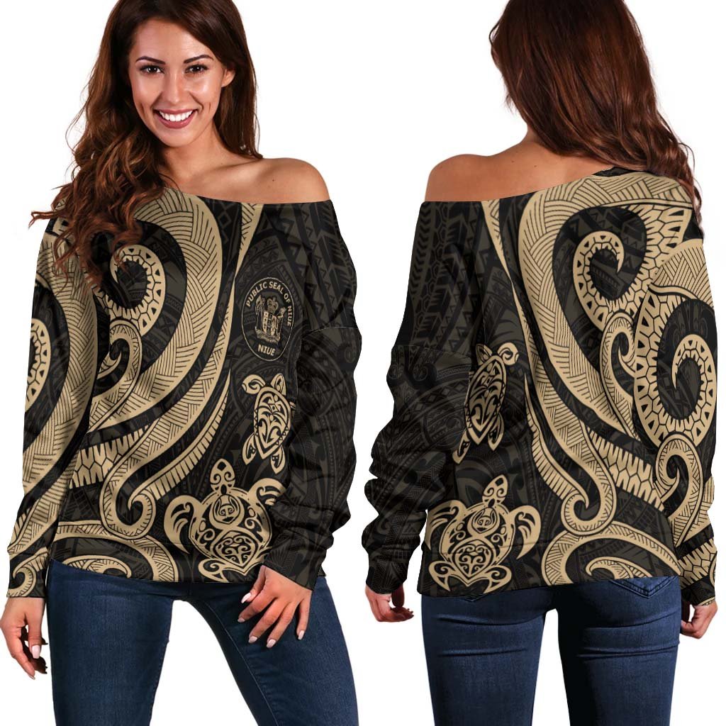 Niue Women's Off Shoulder Sweater - Gold Tentacle Turtle Gold - Polynesian Pride