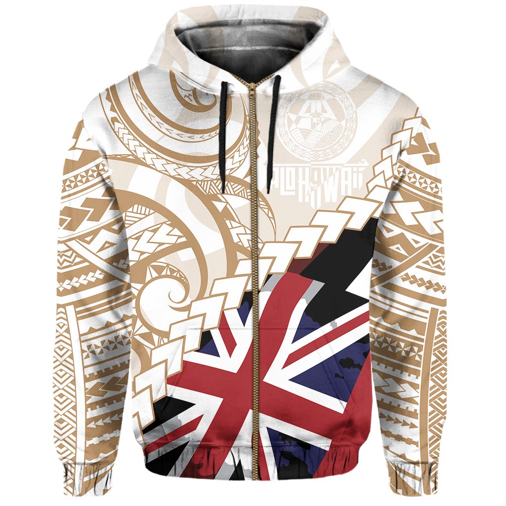 Polynesian Kakau Flag of Hawaii Zip Hoodie Gold - Polynesian Pride