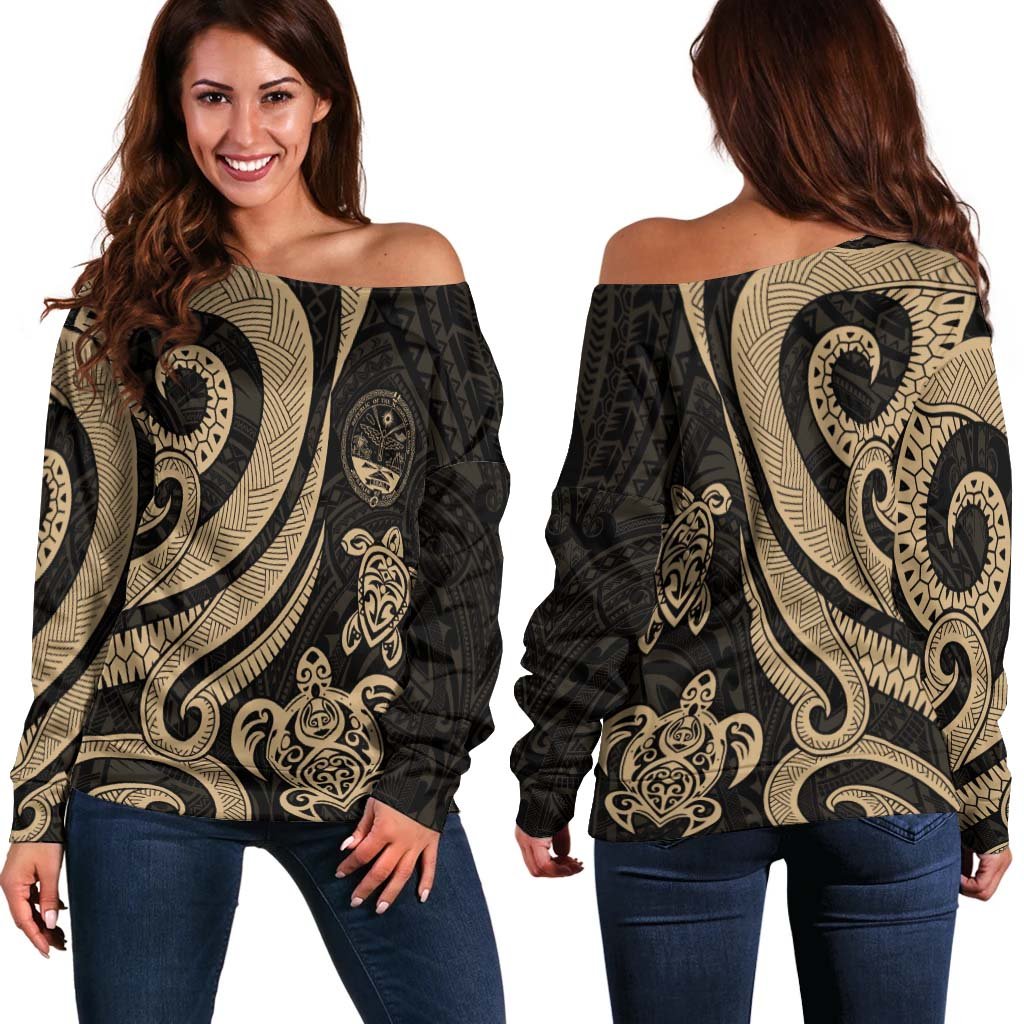 Marshall Islands Women's Off Shoulder Sweater - Gold Tentacle Turtle Crest Gold - Polynesian Pride