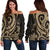 Marshall Islands Women's Off Shoulder Sweater - Gold Tentacle Turtle Crest Gold - Polynesian Pride