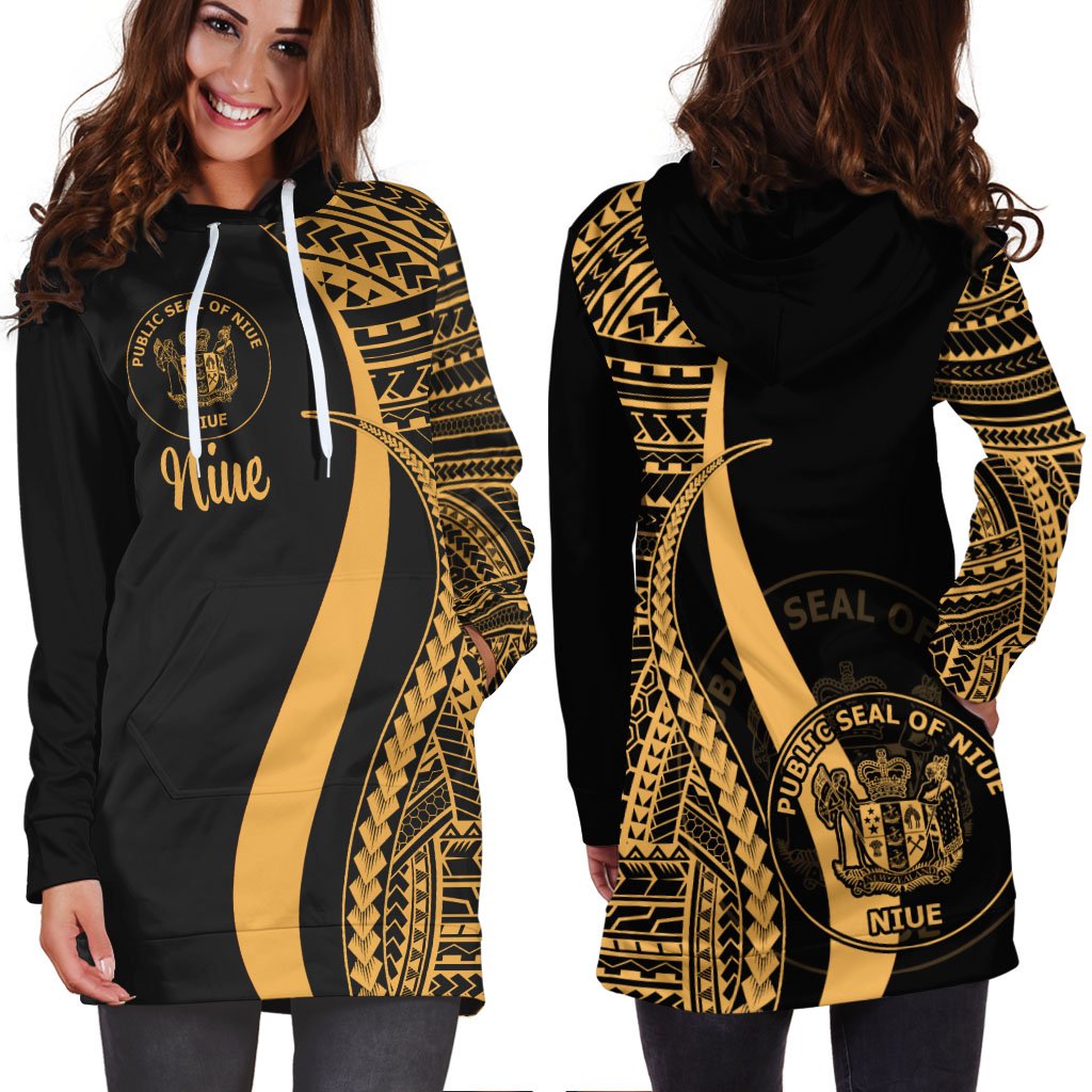 Niue Women's Hoodie Dress - Gold Polynesian Tentacle Tribal Pattern - Polynesian Pride