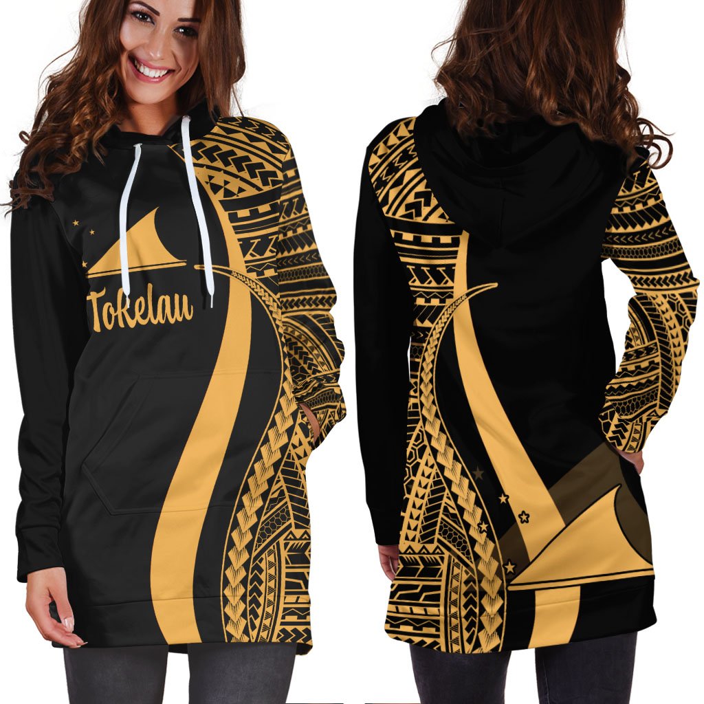Tokelau Women's Hoodie Dress - Gold Polynesian Tentacle Tribal Pattern - Polynesian Pride