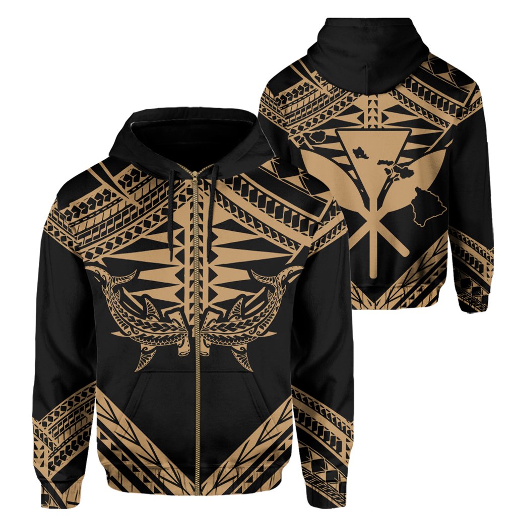 Hawaii Shark Polynesian Kanaka Gold Hoodie (Zip up) Candy Style Unisex Black - Polynesian Pride