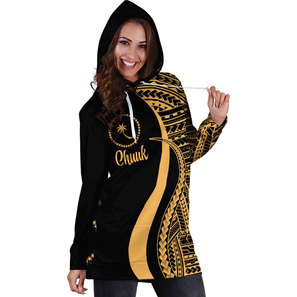 Chuuk Women's Hoodie Dress - Gold Polynesian Tentacle Tribal Pattern - Polynesian Pride