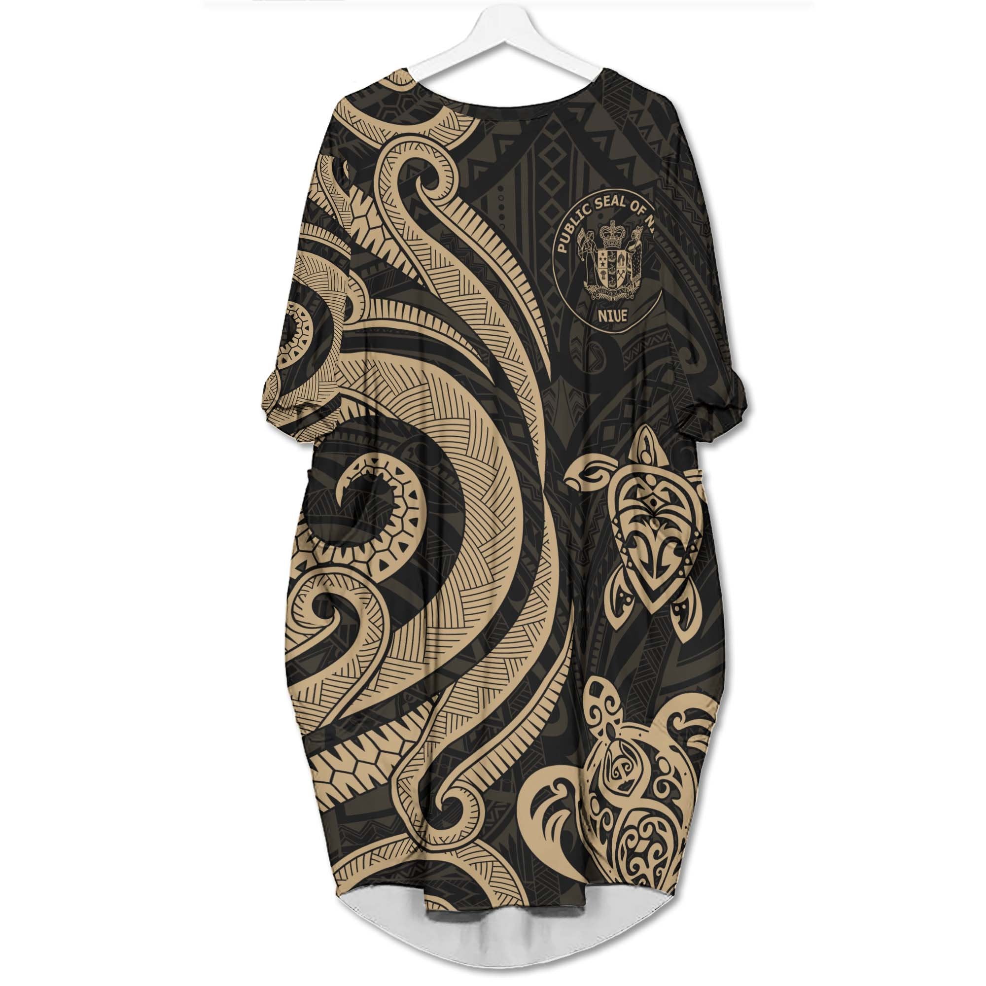 Niue Batwing Pocket Dress - Gold Tentacle Turtle Women Gold - Polynesian Pride