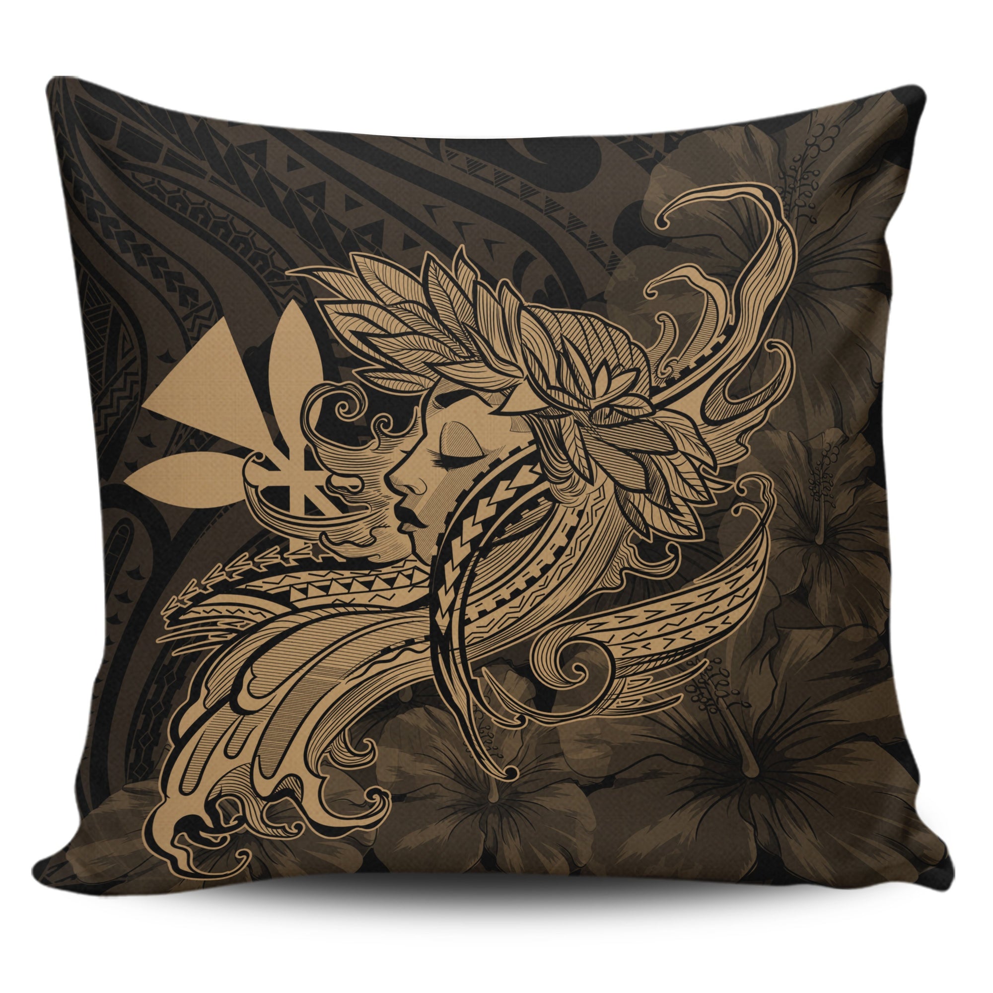 Hula Girl Hibiscus Kanaka Poly Pillow Covers - Gold 18'' x 18'' Set Of 1 Gold - Polynesian Pride