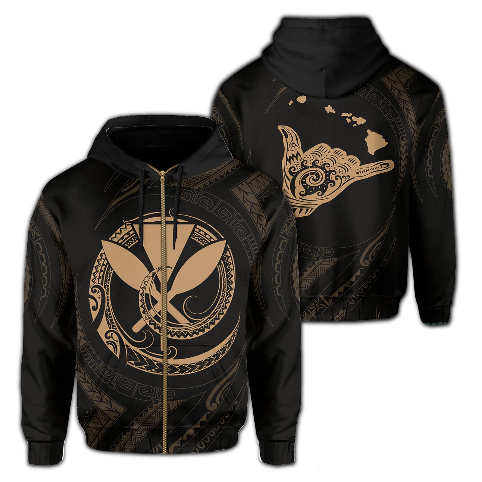 Polynesian Kanaka Shaka Map of Hawaii Zip Hoodie Gold Unisex Gold - Polynesian Pride