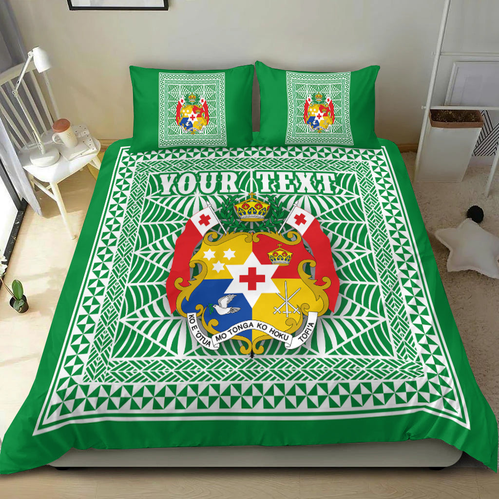 (Custom Personalised) Tonga Pattern Bedding Set Coat of Arms - Green and White LT4 - Polynesian Pride
