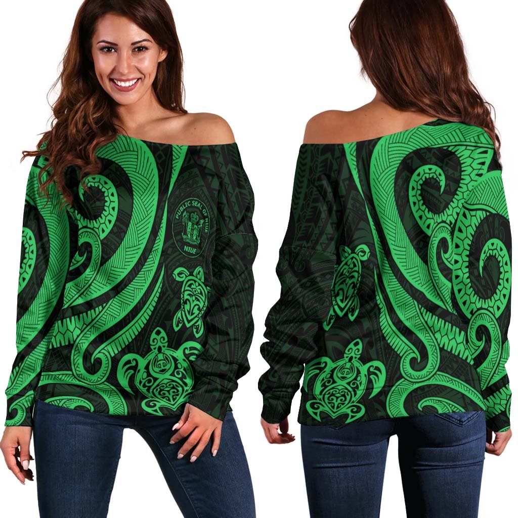 Niue Women's Off Shoulder Sweater - Green Tentacle Turtle Green - Polynesian Pride