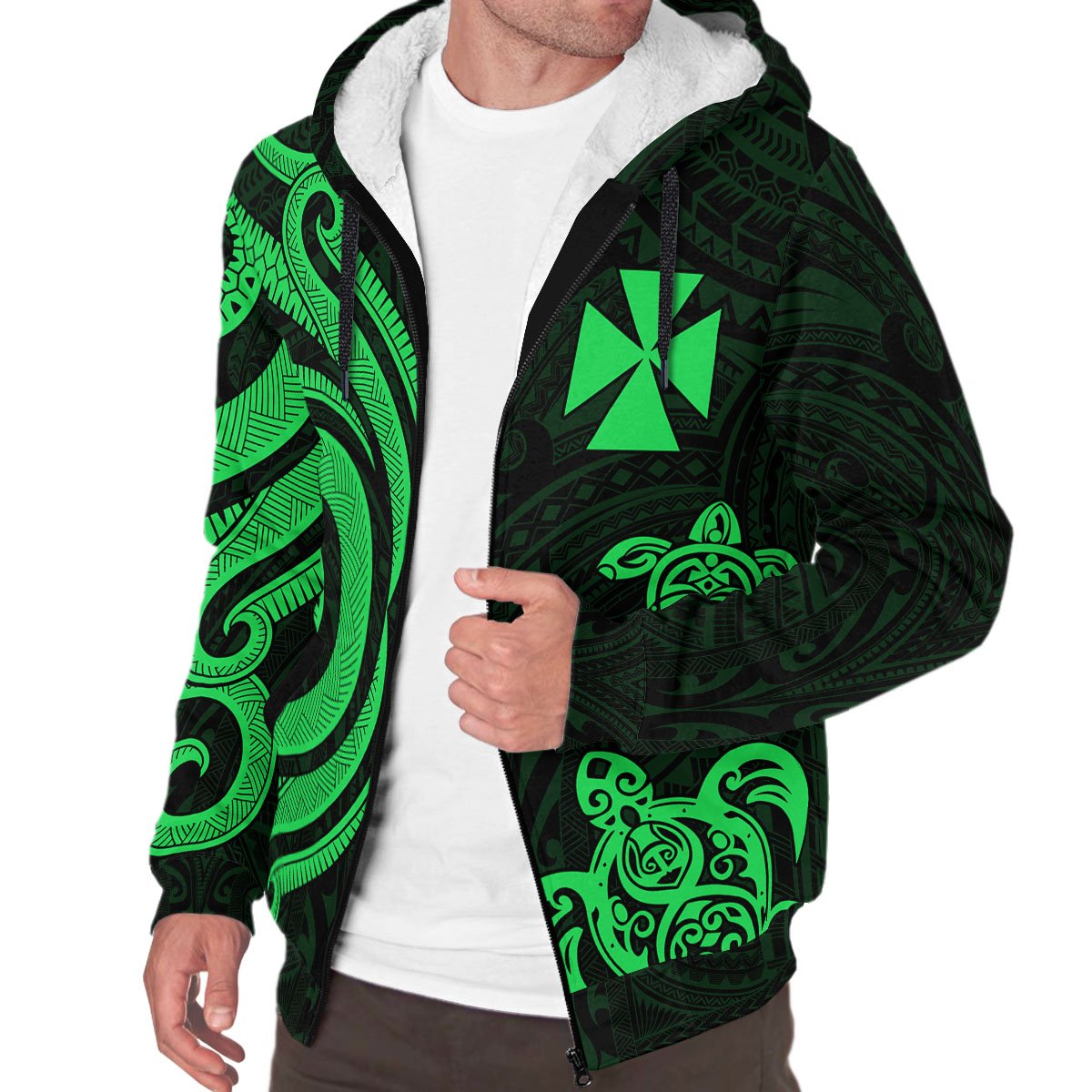 Wallis and Futuna Sherpa Hoodie - Green Tentacle Turtle - Polynesian Pride