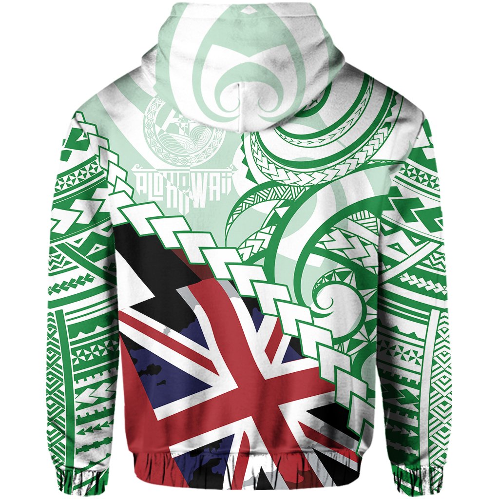 Polynesian Kakau Flag of Hawaii Zip Hoodie Green - Polynesian Pride